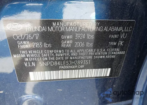 2018 Hyundai Elantra Sel from USA, damaged, VIN 5NPD84LF5JH289351